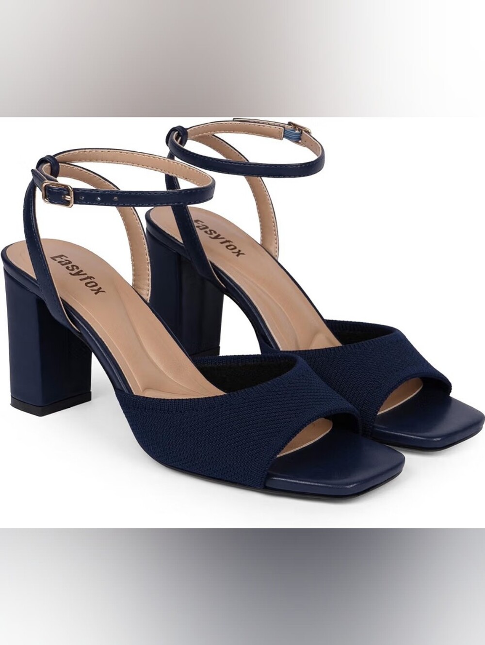 Womens Knit Navy Blue Block Heel Ankle-Strap Sandals Work Casual Date Comfy, 11